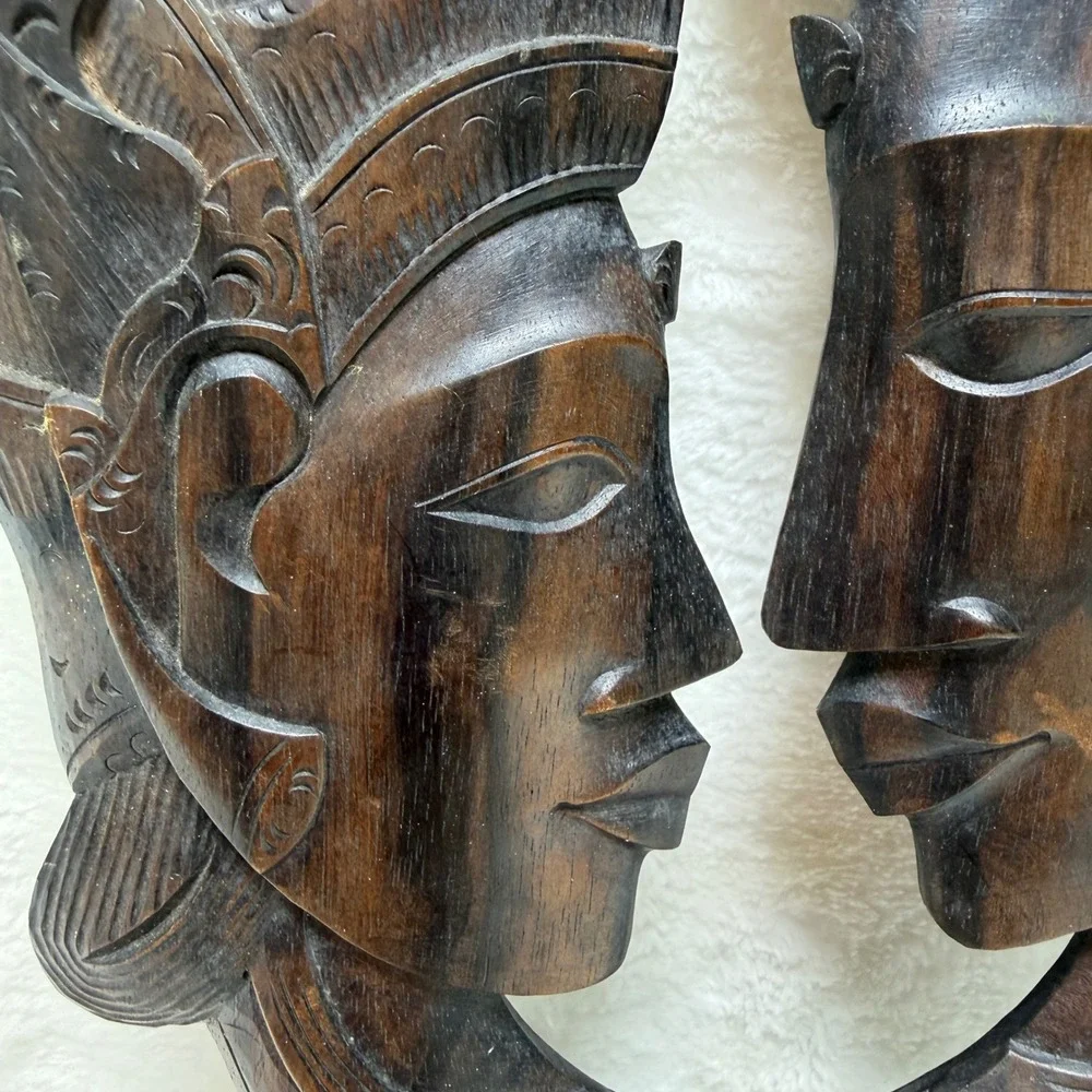 Vintage Hand Carved Wood Balinese Romantic Couple Wall Art Plaque‎ Sculpture 12